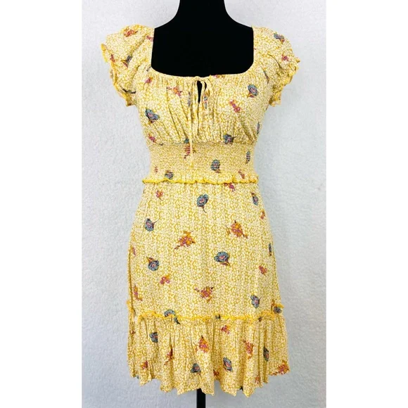 ALL IN FAVOR • Yellow Floral Ruffle Mini Dress, XS - Picture 2 of 16